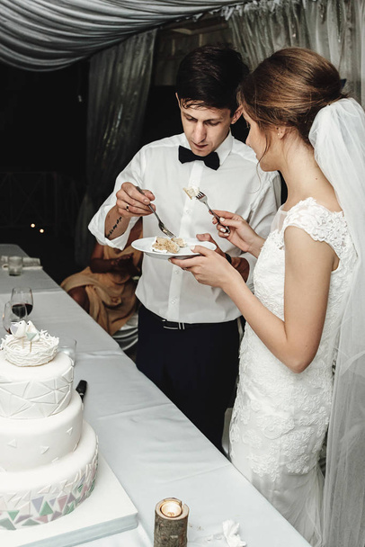 noiva lindo elegante e elegante corte do noivo e degustação de bolo de casamento branco incomum
 - Foto, Imagem
