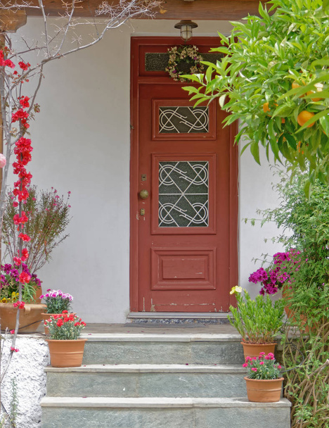 Atény Řecko, vintage house vchod s květinami a rostlinami - Fotografie, Obrázek