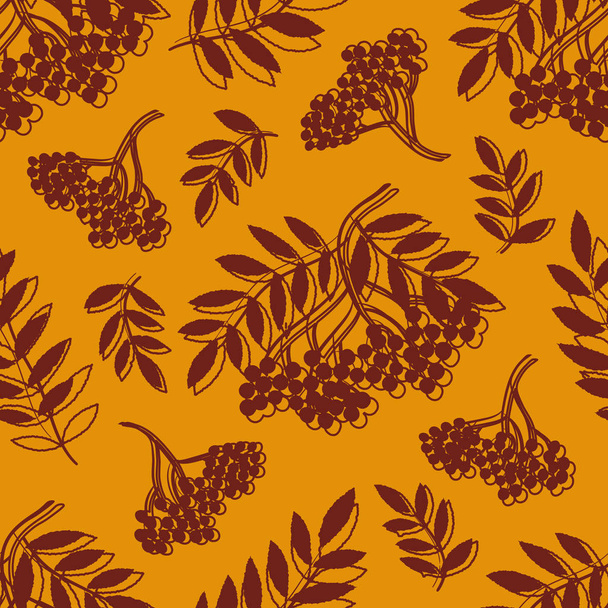 Naadloze patroon met silhouetten van bessen en bladeren op een gele achtergrond. Decoratieve achtergrond met rode takken. Het kan worden gebruikt voor websites, verpakking voor geschenken, stoffen, behang. Vector - Vector, afbeelding