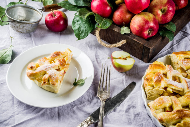 Outono pastelaria tradicional assada, torta de maçã caseira doce com maçãs frescas no fundo de pano de linho claro, espaço de cópia
 - Foto, Imagem