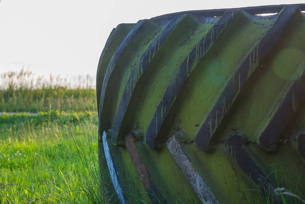 Large truck wheel tire on the grass under grey sky - Photo, Image