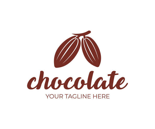 Schokolade, Kakaofrüchte hängen an einem Zweig, Logoschablone. Schokolade Kakaobohnen, Kakaoschote und pflanzlicher Kakao, Vektordesign. Natur und Nahrung, Illustration - Vektor, Bild