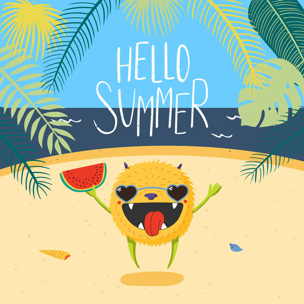 Illustrazione vettoriale disegnata a mano di simpatico mostriciattolo in occhiali da sole che salta felicemente sulla spiaggia con citazione Hello Summer, Concept for change of seasons, stampa bambini
 - Vettoriali, immagini