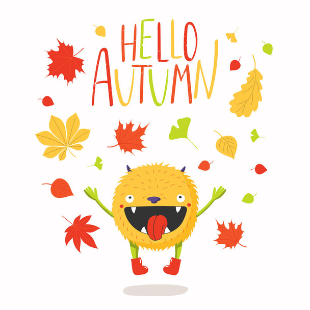 手描き落ち葉と引用こんにちは秋、季節の変化のためのコンセプトのかわいい小さな怪物のベクトル イラスト子供を印刷 - ベクター画像