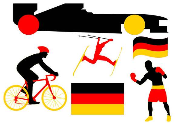 German flag on the images of national games formula one, cycling, boxing and skiing - Vector, Image