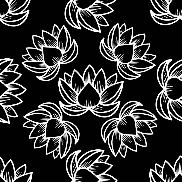 Lotus. Seamless pattern. Oriental Indian Chinese Traditional. White and black. Rotate 45 degrees - Vector, afbeelding