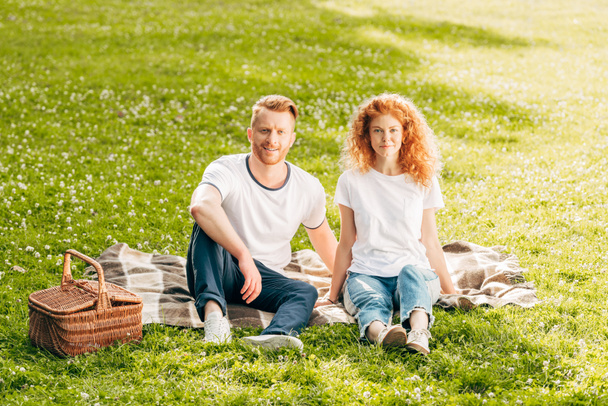 couple heureux souriant à la caméra tout en étant assis ensemble sur plaid au pique-nique dans le parc
 - Photo, image