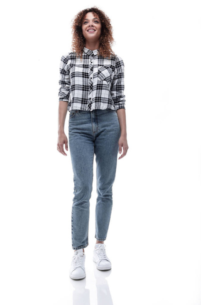 stylish young woman in plaid shirt and jeans. - Zdjęcie, obraz