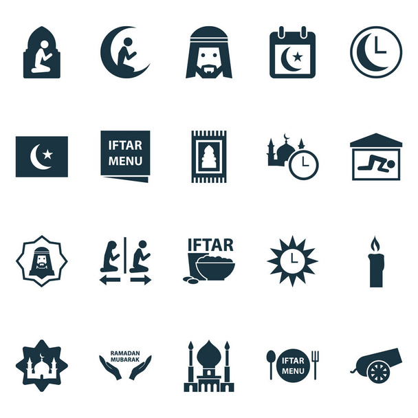 Conjunto de iconos de Ramadán con alfombra, vela, elementos humanos azanes. Iconografía vectorial aislada iconos de ramadán
. - Vector, Imagen