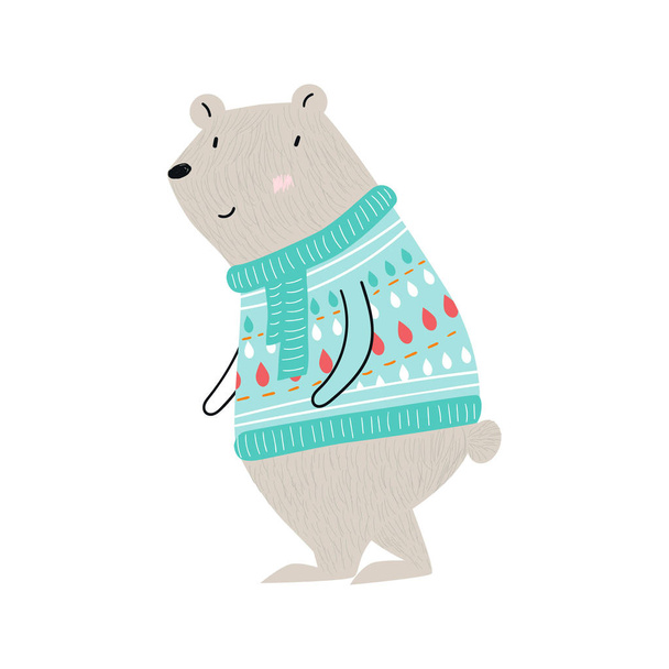 Χαριτωμένο χέρι που φυτώριο αφίσα με μεγάλη αρκούδα των ζώων σε ένα χειμώνα πουλόβερ. Εικονογράφηση διάνυσμα σε σκανδιναβικό στυλ. - Φωτογραφία, εικόνα