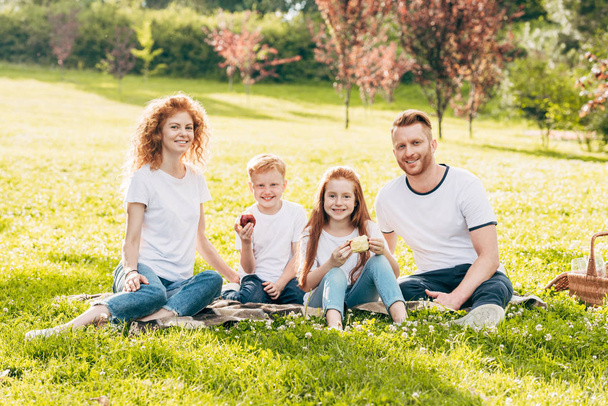 happy family smiling at camera while sitting together at picnic in park - Foto, imagen