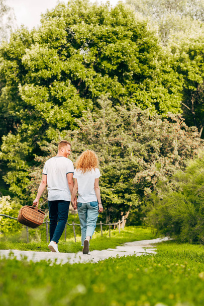 back view of young couple with picnic basket walking in beautiful park - Foto, Imagem