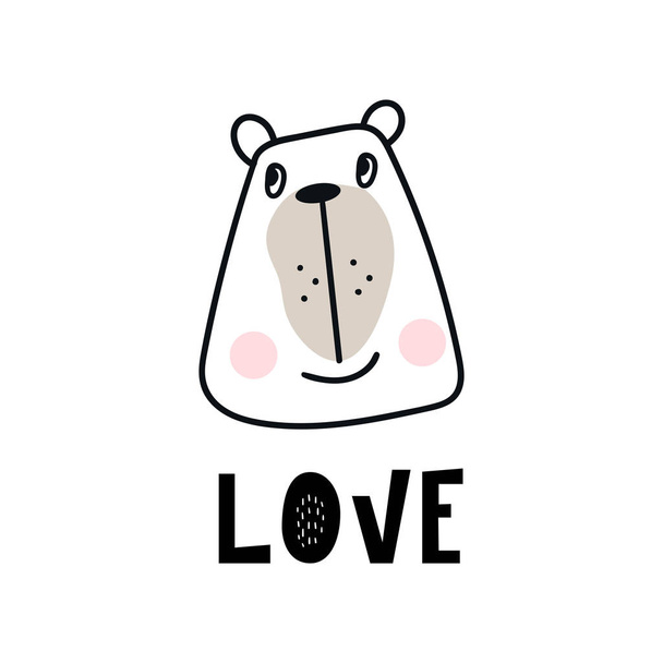 Amor - Cartaz de berçário desenhado à mão bonito com caráter de animal de urso de desenho animado e letras em estilo escandinavo. Crianças ilustração vetorial
. - Foto, Imagem