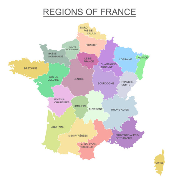 Mapa colorido interactivo de las regiones metropolitanas francesas sobre fondo blanco
 - Vector, imagen