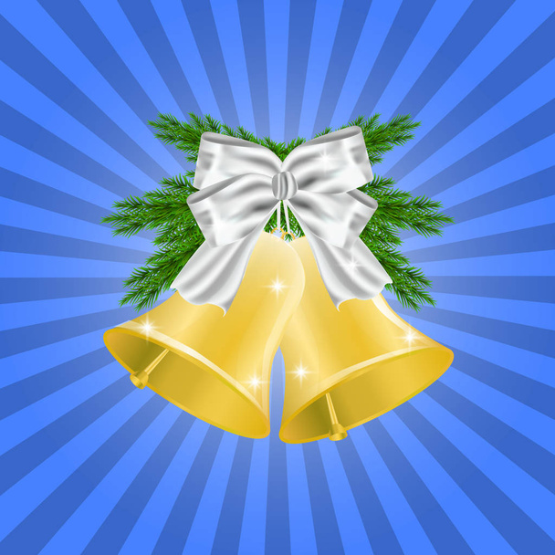 Fir Brances and Golden Christmas bell with red ribbon and bow. Christmas decoration. Vector illustration isolated on blue background.  - Vector, Image