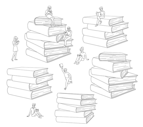 Vektör düz yetişkin insanlar kitap eğitim seti okuyun - Vektör, Görsel