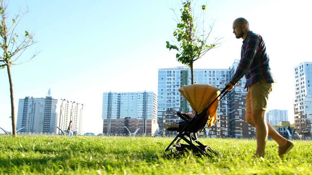 Young father rolls a child in the baby pram in the park. Man walking with baby on nature at sunset, camera movement - Foto, Imagen