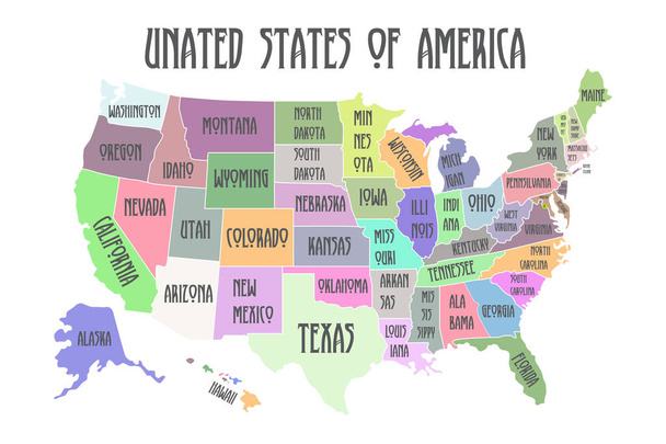 Cartel de colores mapa de Estados Unidos de América con nombres de estado
. - Vector, Imagen