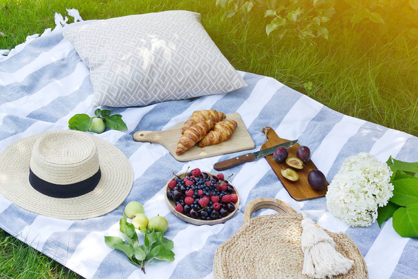 Piknik Instagram stílusban élelmiszer gyümölcs pékség bogyók zöld fű nyári idő többi háttér napfény - Fotó, kép