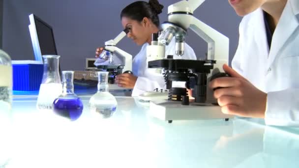Female researchers in laboratory looking through a microscope - Materiał filmowy, wideo