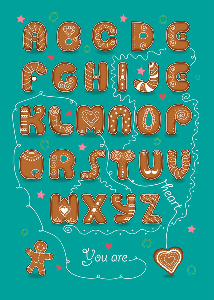 Artistic alphabet with encrypted romantic message You are my sweet heart. Brown letters as ginger breads with white cream decor. Heart as the end of the text. Illustration - Photo, Image