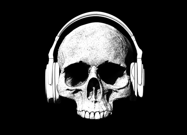 Crânio com fones de ouvido Ilustração isolada em fundo preto
 - Foto, Imagem