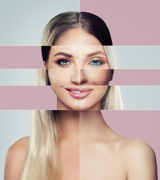 Différents visages de jeune femme. Concept de chirurgie plastique. Femme blonde et brune, yeux verts et bleus, collage de deux visages féminins
.  - Photo, image