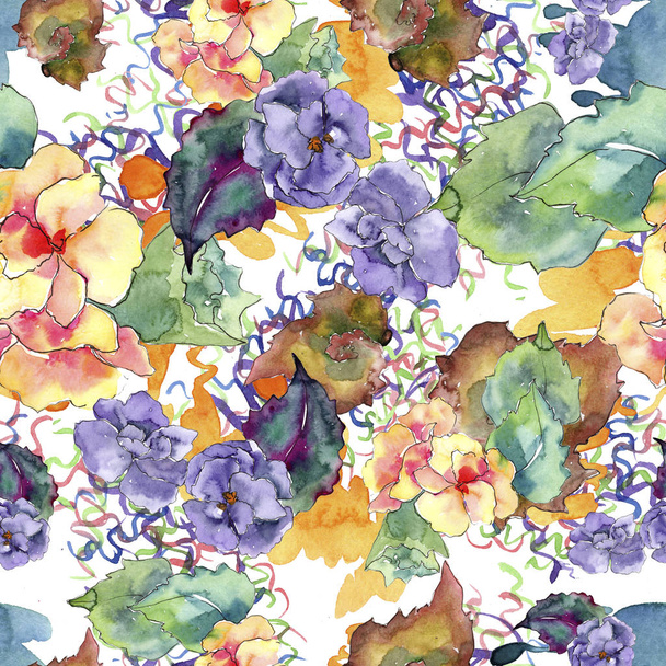 紫とオレンジ色の gardania の花。花植物の花。シームレスな背景パターン。壁紙印刷手触りの生地。背景、テクスチャ、ラッパー パターン、フレームや境界線の aquarelle ワイルドフラワー. - 写真・画像