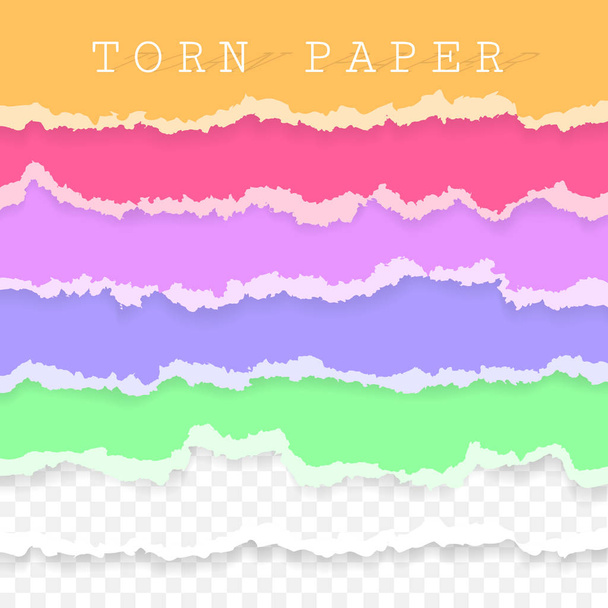 Set of torn paper stripes. Paper texture with damaged edge isolated on transparent background. Vector illustration. - Vektör, Görsel