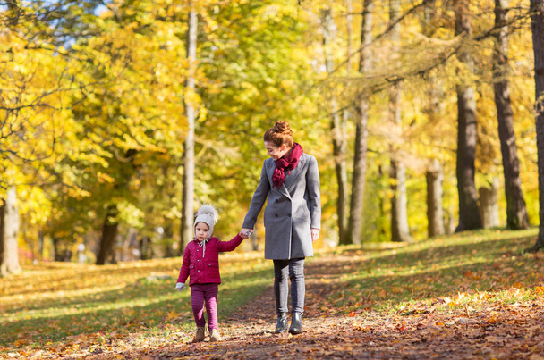 happy mother and little daughter at autumn park - Photo, image