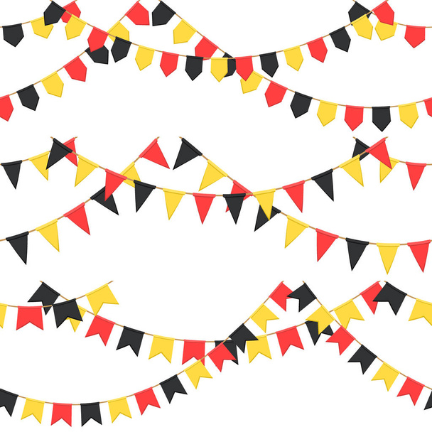 Conjunto de guirnalda con cadena de banderas de celebración, plumas negras, amarillas, rojas sin fondo, pie de página y pancarta para la celebración
 - Vector, imagen