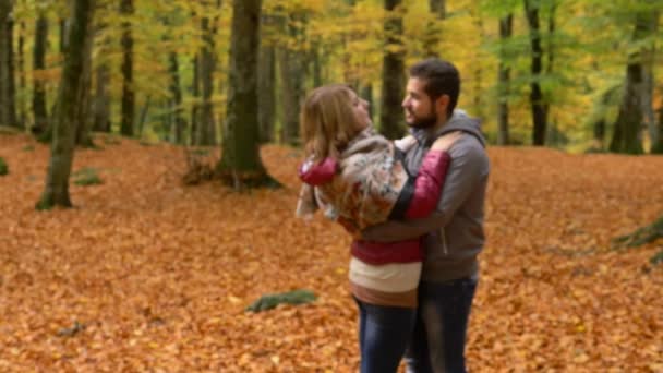 Romantic first kiss between lovers in fall forest. Love,Romance,emotion - Кадри, відео