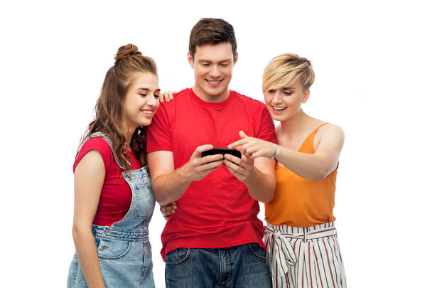 friends with smartphone over white background - Foto, afbeelding