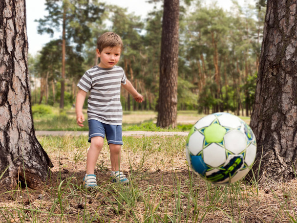ребенок играет в футбол на траве городской парк бег и ногами мяч взволнован в детском спорте страсть и здоровый образ жизни концепции
 - Фото, изображение