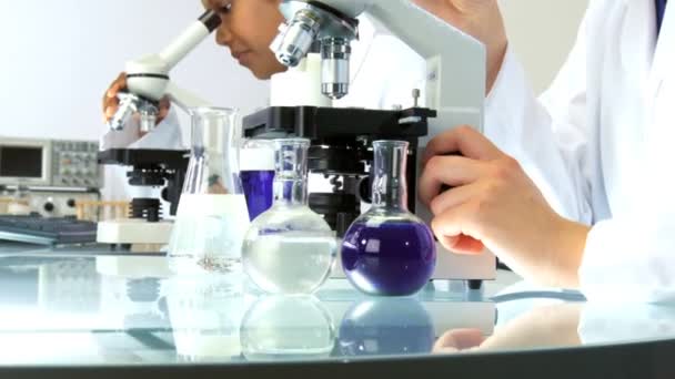 Female researchers working in lab with a microscope - Footage, Video