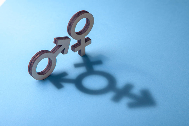 Símbolos del hombre y la mujer proyectan sombra en forma de transgénero sobre azul
 - Foto, imagen