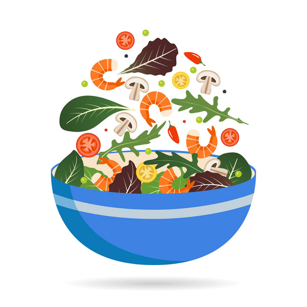 Tigela de mistura fresca de folhas de salada, legumes e camarão. Arugula, tomates, páprica, pimentas e cogumelos. Ilustração vetorial
. - Vetor, Imagem