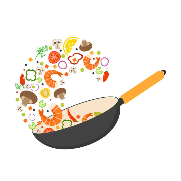 Wok pan, tomate, paprika, poivre, champignon, crevettes. De la nourriture asiatique. Légumes volants aux fruits de mer. Illustration vectorielle plate
. - Vecteur, image
