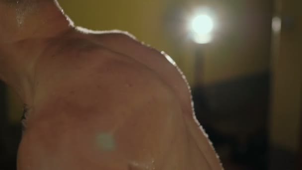 Close-up vista de hairless com tatuagens lutador livre levanta os halteres. 4K
 - Filmagem, Vídeo