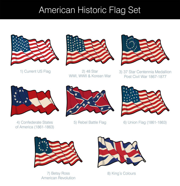 Ορίστε η αμερικανική ιστορική σημαία κυματίζει. Το σετ περιλαμβάνει σημαίες από το επαναστατικό, εμφύλιος, Κορεάτικα και δύο παγκόσμιους πολέμους. Vector εικόνες όλα τα στοιχεία τακτοποιημένα στα στρώματα. Σέπια επικάλυψη σε ένα ξεχωριστό επίπεδο - Διάνυσμα, εικόνα