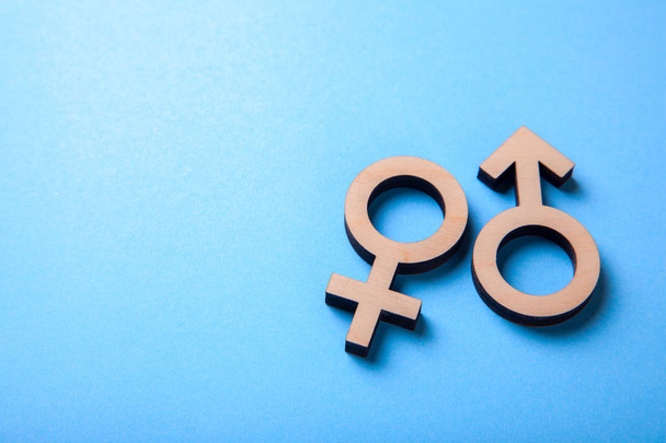 Simboli di genere di uomo e donna di albero su sfondo blu. Copia spazio
 - Foto, immagini