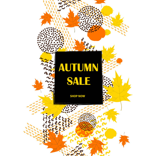 Herfst poster. De achtergrond van de verkoop met kleurrijke esdoorn bladeren, meetkundige figuren en lijnen. Vectorillustratie - Vector, afbeelding