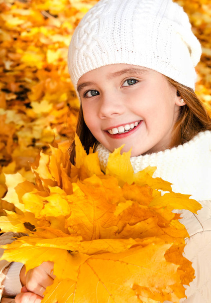 Autumn portrait of adorable smiling  little girl child with leaves outdoors - Foto, Imagen