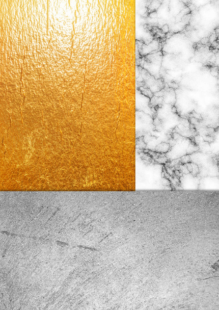 Trendy design template with gray concrete and gold foil textures. - Photo, Image