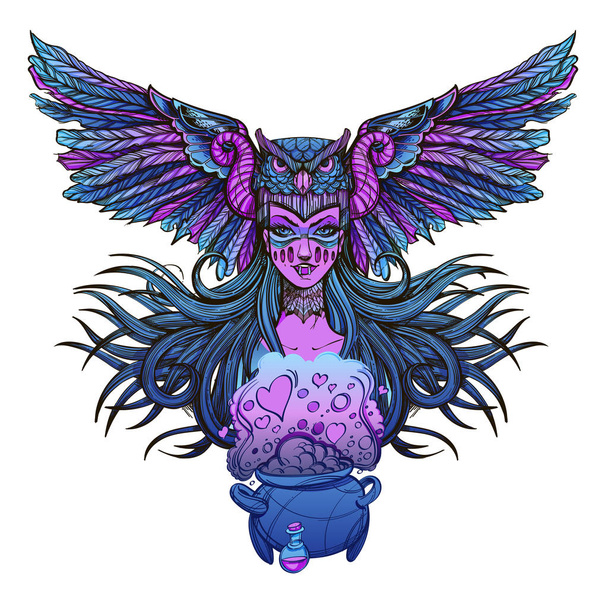 Girl with mask of owl and skull on white background - Vector, Image