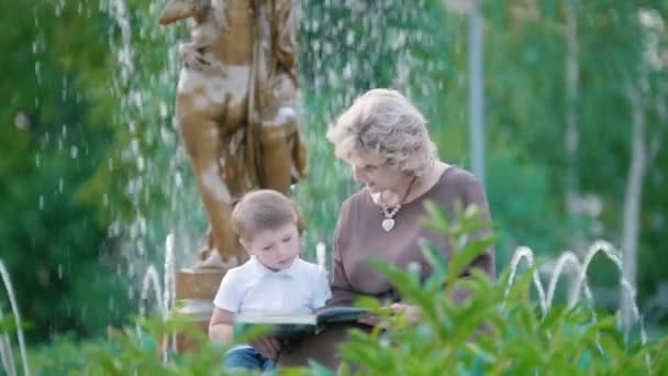 Atraktivní babička a malý chlapec s knihou u fontány v parku v létě - Záběry, video