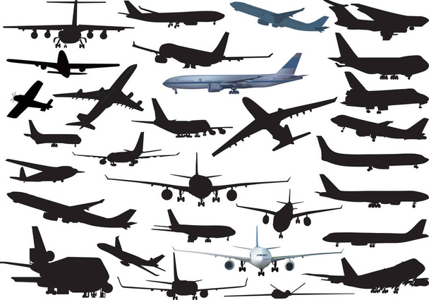 Beyaz arkaplanda izole edilmiş uçak koleksiyonuna sahip resimler - Vektör, Görsel