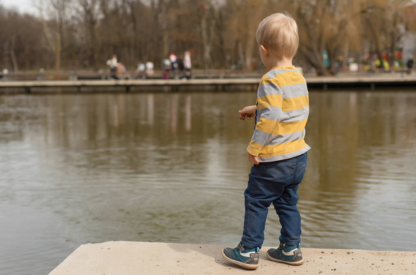 Little boy playing near the lake in the park - Zdjęcie, obraz