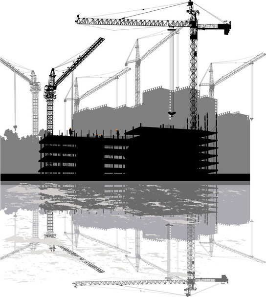 illustration with house buildings and cranes with reflection - Vector, Image