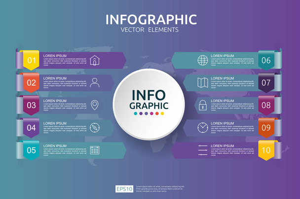 10 stappen business infographic. tijdlijn ontwerpsjabloon met pijl en cirkel element concept met opties. Voor inhoud, diagram, flowchart, stappen, delen, werkstroom layout, grafiek - Vector, afbeelding